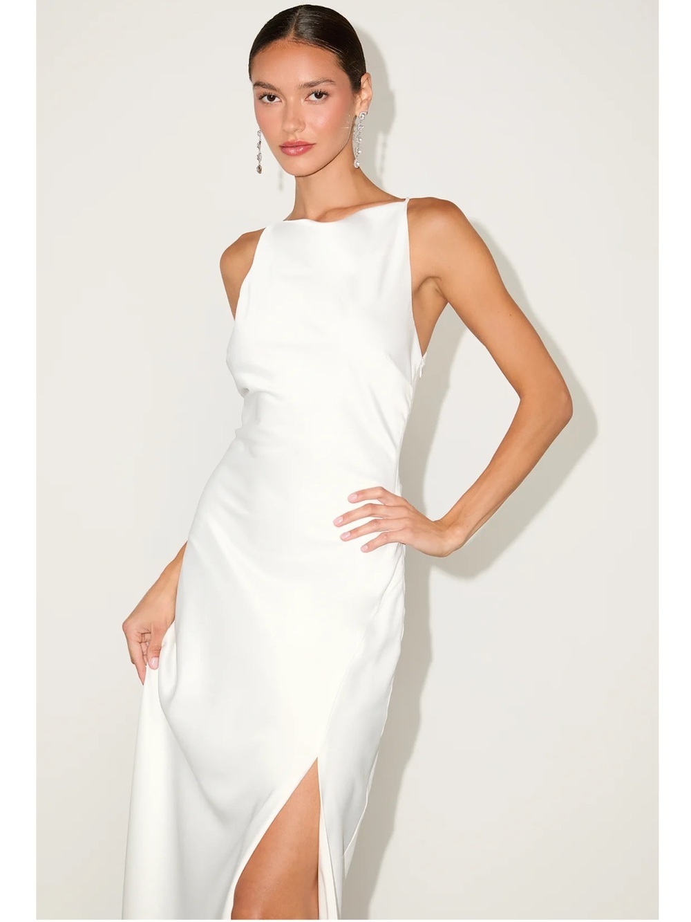 NWT Lulu’s Elynne White Satin Cowl Neck Midi Dress Large Romantic Chic Cocktail - Picture 8 of 12